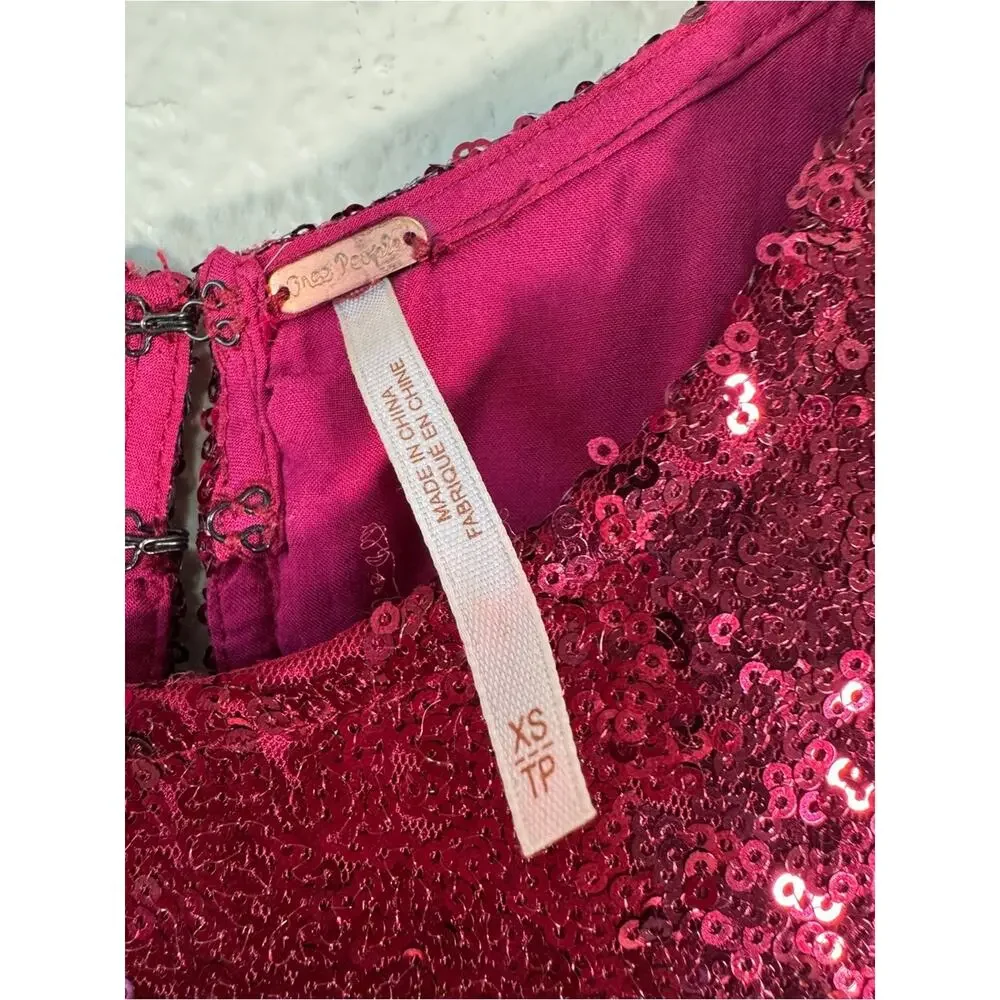 Free People Red Sequined Mini Dress Womens XS Babydoll Party Holidays Glam